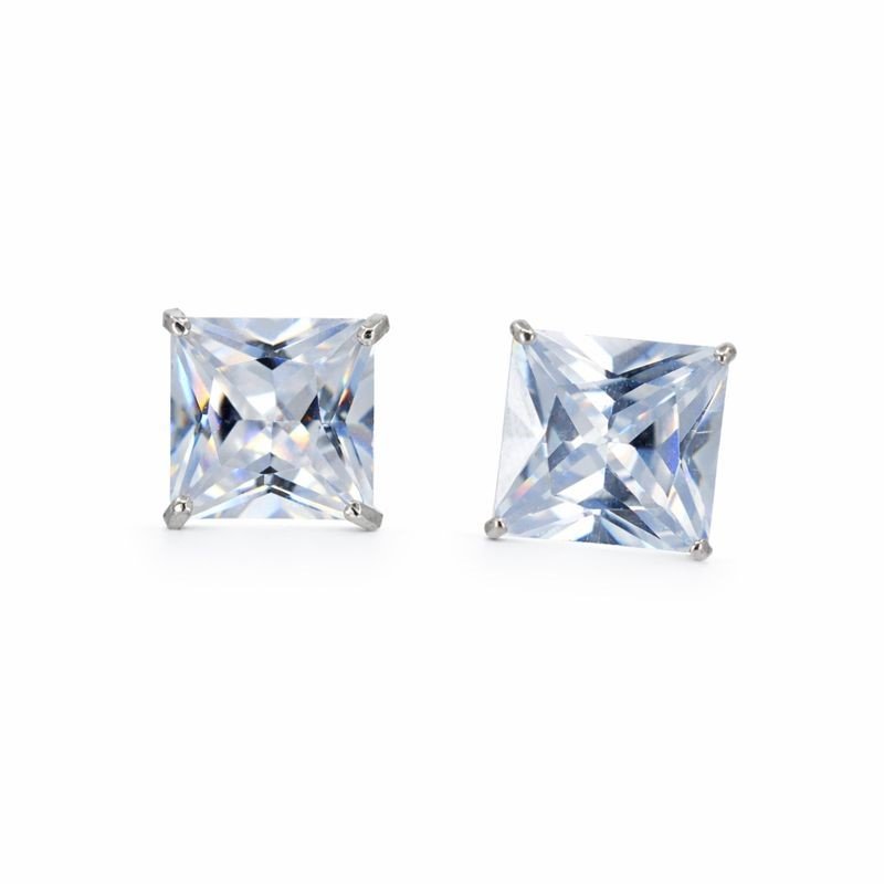 14K White Gold Princess Cut CZ Stud Tension Back Earrings