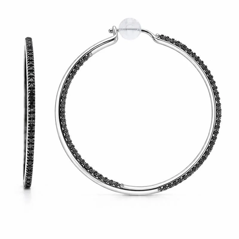 Sterling Silver Inside/Out Black Diamond Hoop Earrings