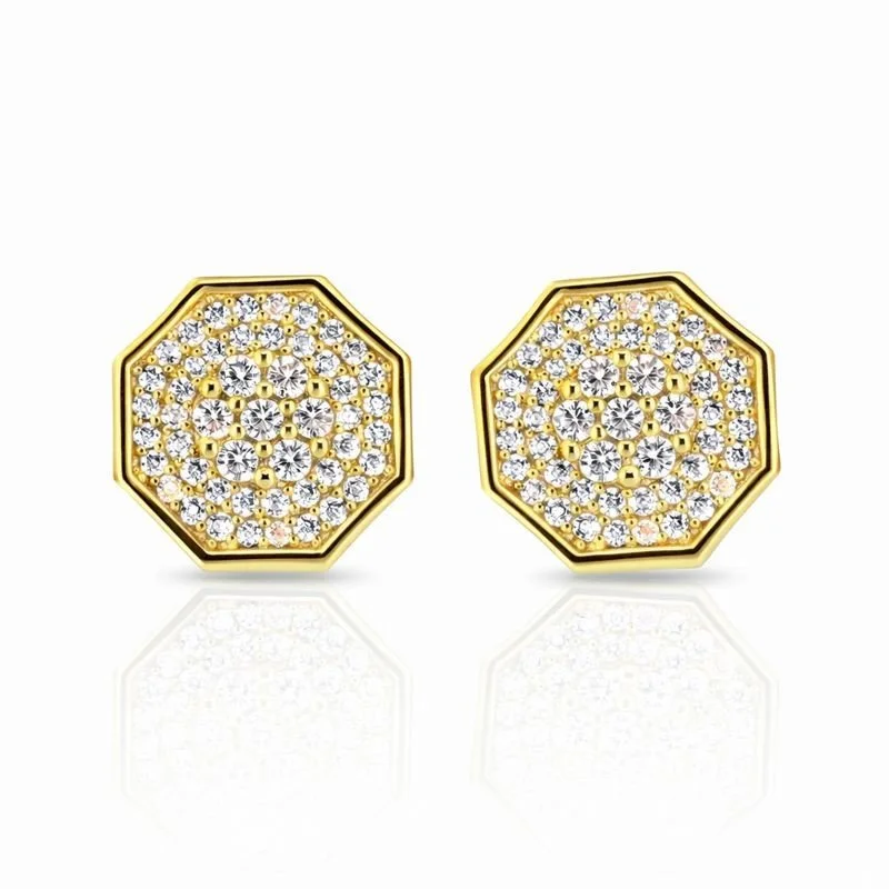 Gold Plated Pave Set CZ Octagon Stud Earrings