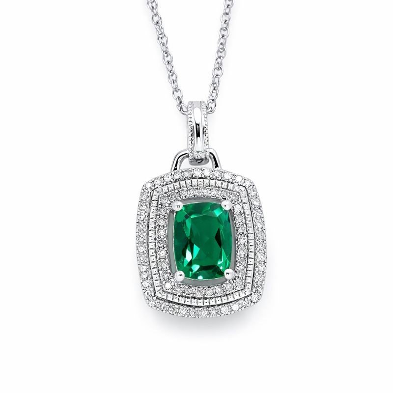 Sterling Silver Pavé Set Emerald & Diamond Square Pendant Necklace