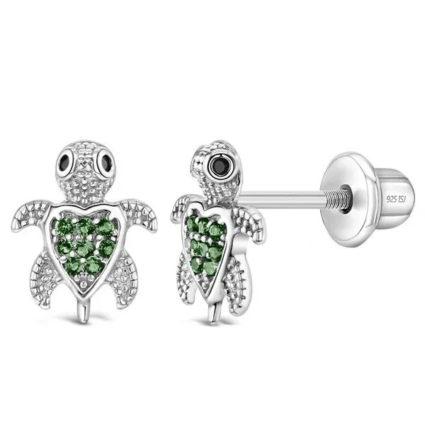 Sterling Silver Green CZ Turtle Children's Earrings