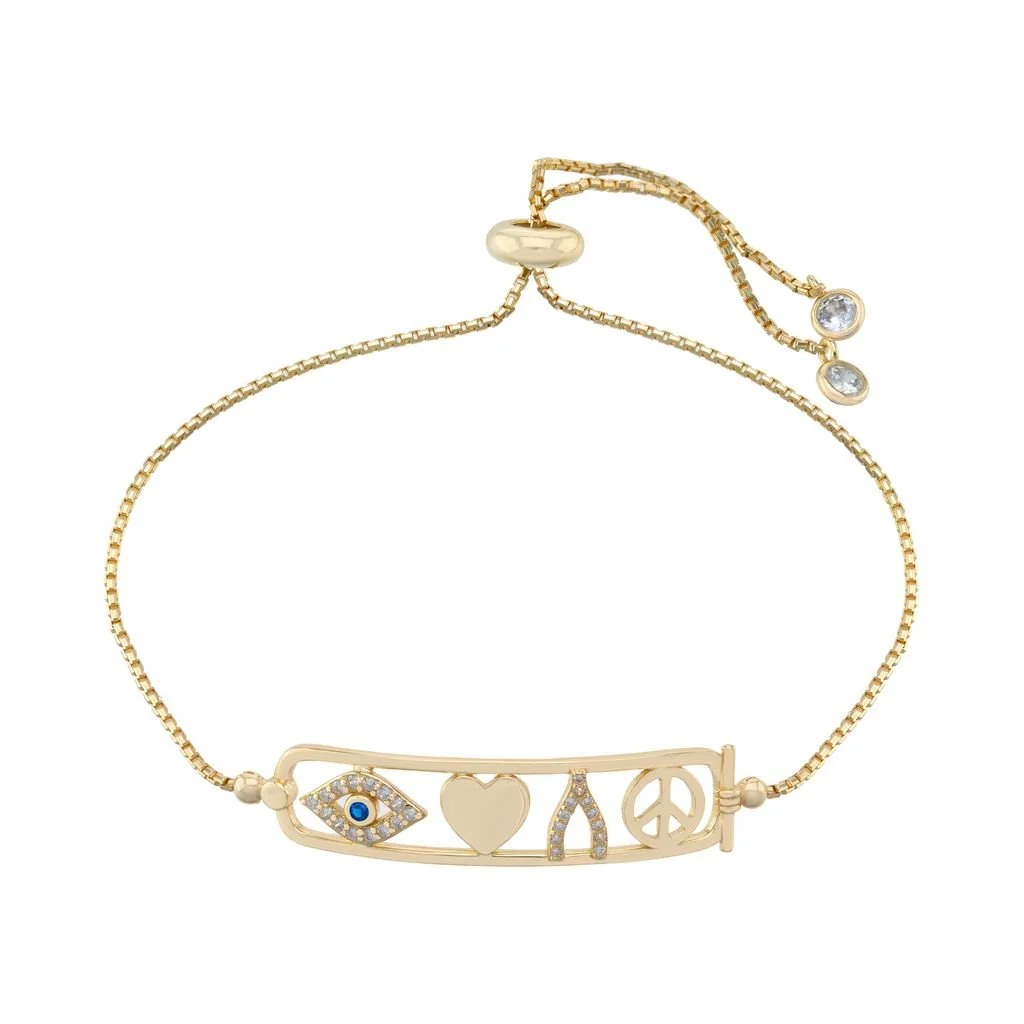 14k Gold Plated CZ Charm Cartouche Adjustable Bracelet