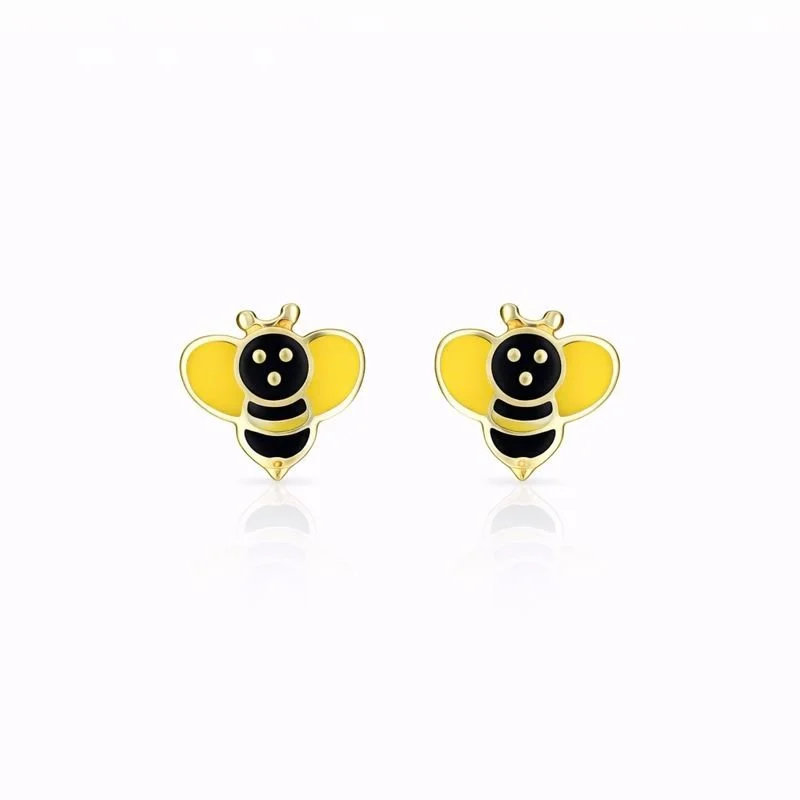 14K Yellow Gold Enameled Bumble Bee Stud Earrings