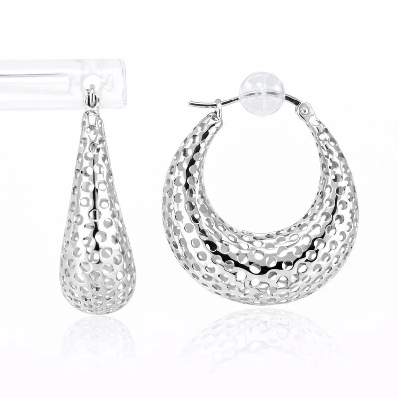 14K White Gold Cutout Mesh Graduated Oval Hoop Earrings