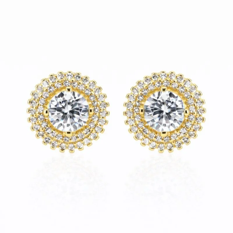 14K Yellow Gold CZ Double Halo Stud Earrings