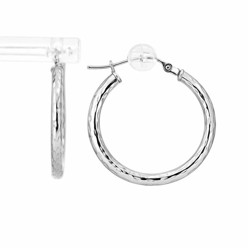 14K White Gold Diamond Cut Circle Hoop Earrings