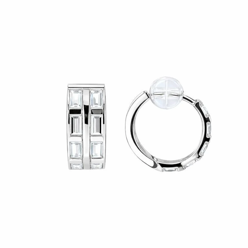 14K White Gold Two-Row Channel Set Baguette CZ 5mm Hoop Earrings