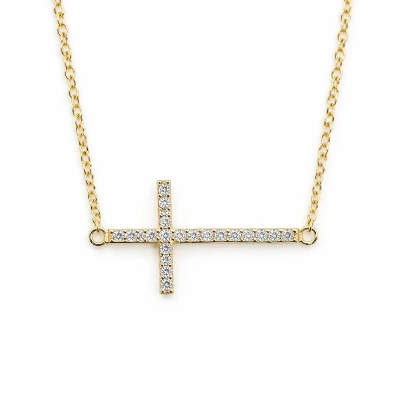 Yellow Gold Plated CZ Sideways Cross Necklace