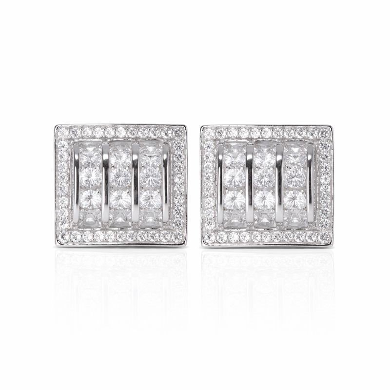 Rhodium Plated CZ Curved Square Stud Earrings