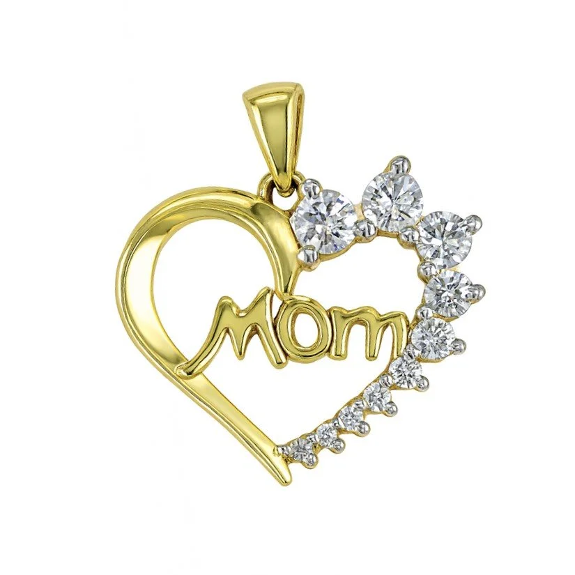 Gold Plated CZ “Mom” in Heart Pendant