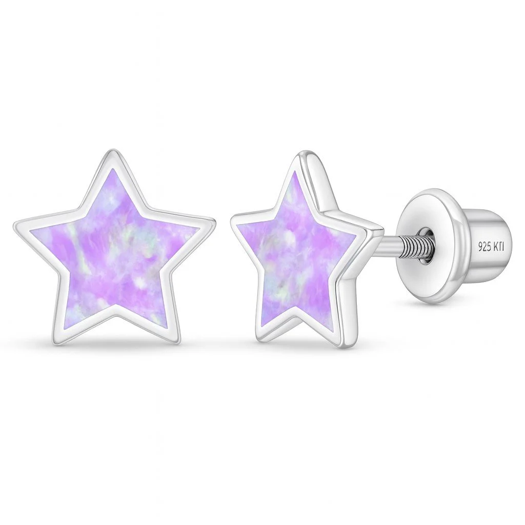 Sterling Silver Purple Opal Star Children's Earrings