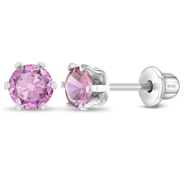 Sterling Silver Pink CZ Solitaire Children's Earrings