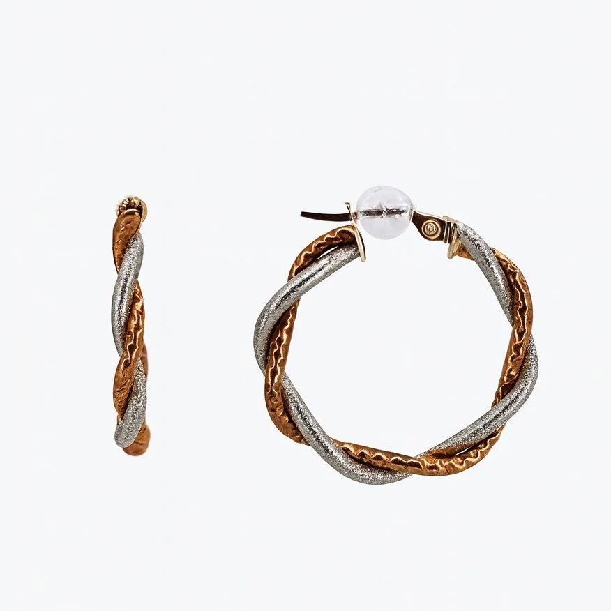 14K Rose & White Gold Textured Satin Twist Ribbon Hoop Earrings