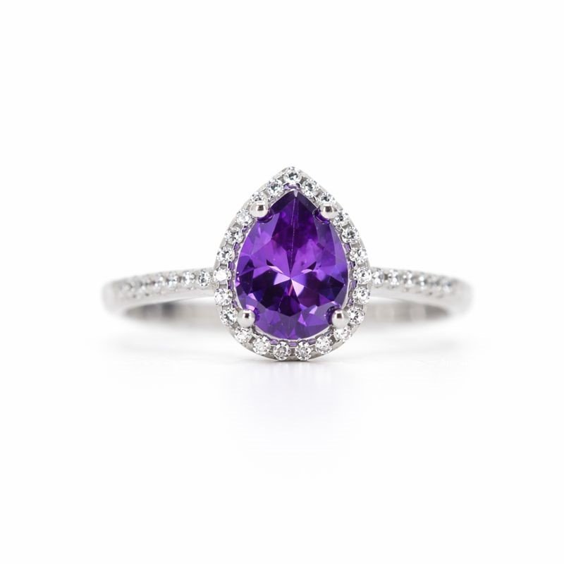 Sterling Silver Purple & White CZ Halo Teardrop Ring