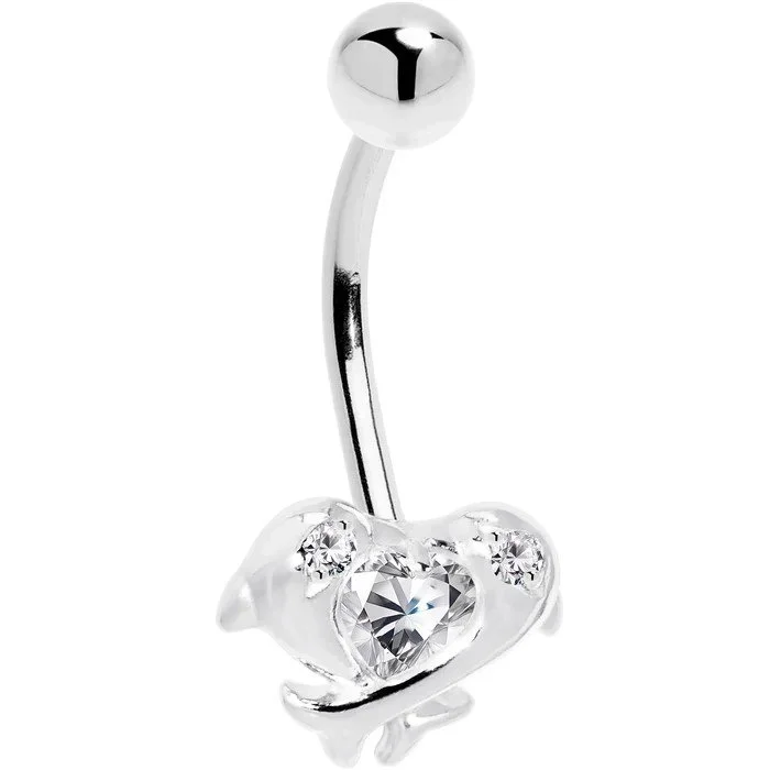 14K White Gold CZ Dolphin Heart 14G 11mm Navel Ring