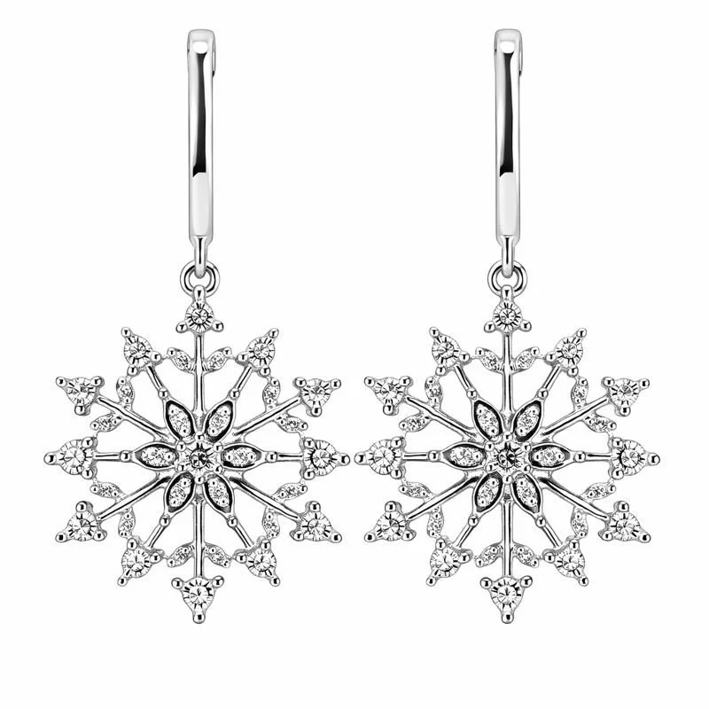 Sterling Silver Pavé Set Diamond Snowflake Dangle Stud Earrings