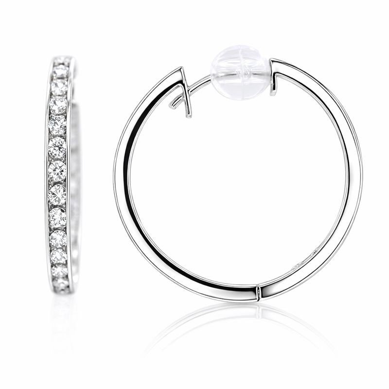 14K White Gold One-Row CZ Inside/Out Hoop Earrings