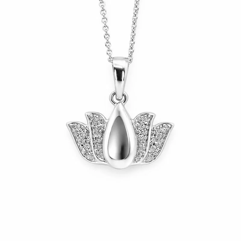 Sterling Silver Diamond Lotus Flower Pendant Necklace