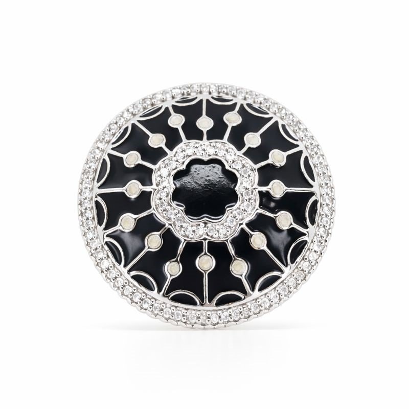 Sterling Silver Black Enamel Diamond Round Ring