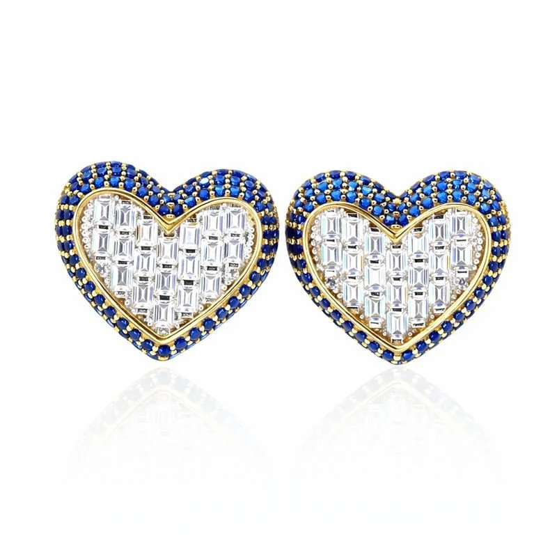 10k Yellow Gold Blue & White CZ Heart Stud Earrings