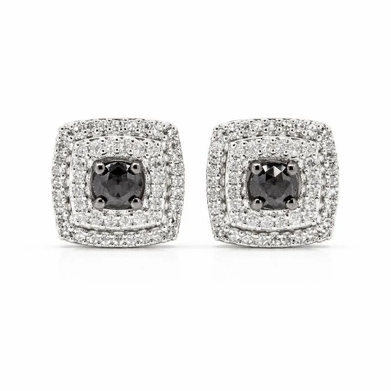 Sterling Silver Black & White Diamond Square Stud Earrings