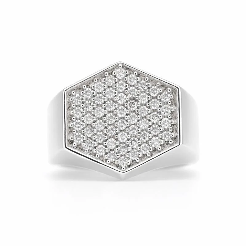 Sterling Silver Pavé-Set Diamond Hexagon Ring