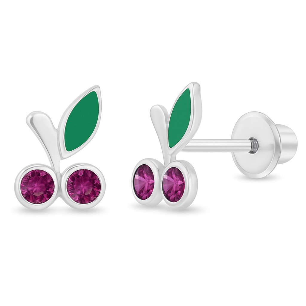 Sterling Silver Pink CZ Enamel Cherry Children's Earrings