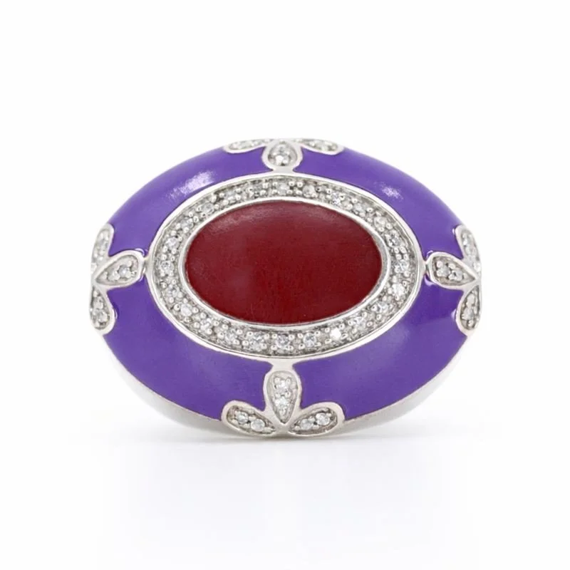 Sterling Silver Purple & Maroon Enamel Diamond Vintage Ring