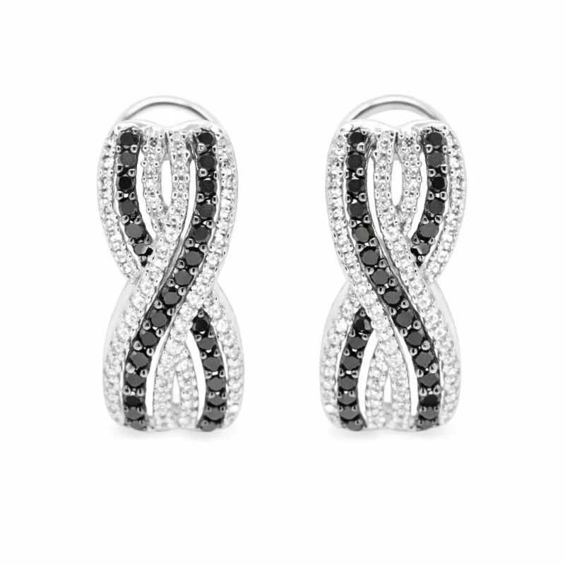 Sterling Silver Black & White Criss-Cross Prong Set Diamond Vintage Stud Earrings