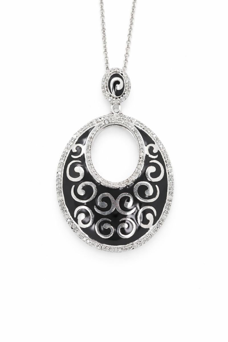 Sterling Silver Vintage Swirl Black Enamel Diamond Accent Pendant Necklace