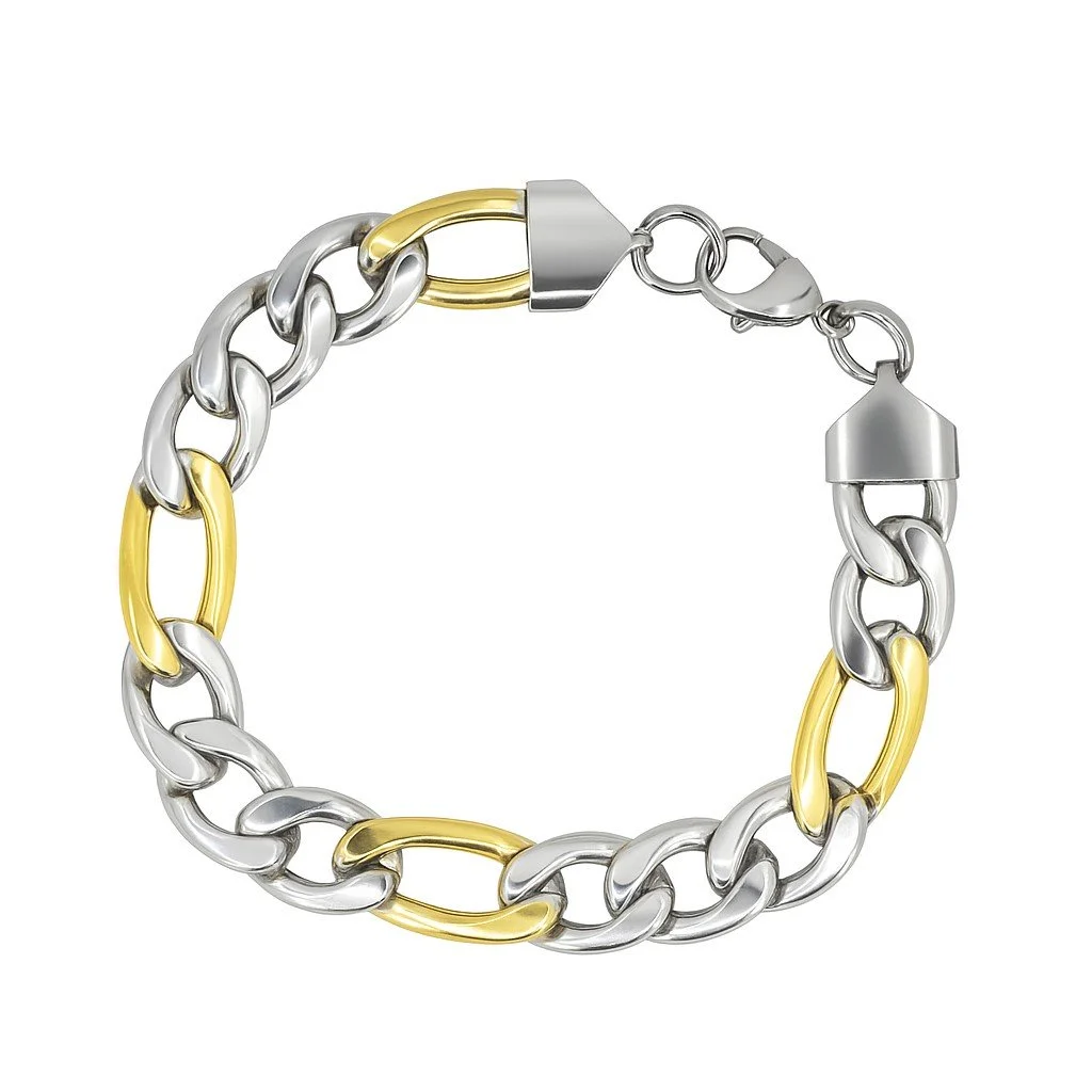 Stainless Steel 8" High Polish Two-Tone 14K Plated Figaro Bracelet