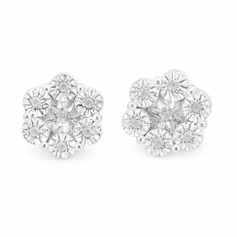 Sterling Silver Illusion Pavé Set Diamond Flower Stud Earrings