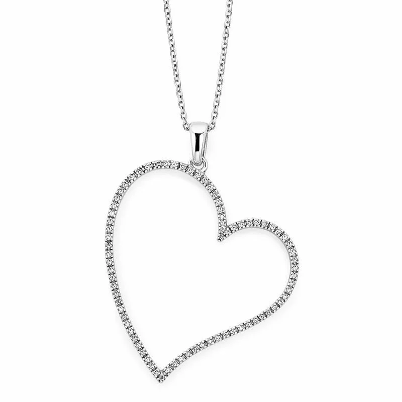 Sterling Silver Open Heart Diamond Pendant Necklace