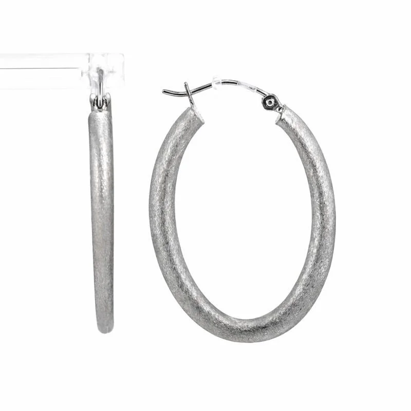 10K White Gold Sand Blasted Graduated Oval Hoop Earrings
