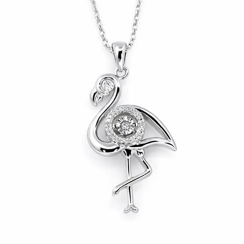 Sterling Silver Motion-Set Diamond Flamingo Pendant Necklace