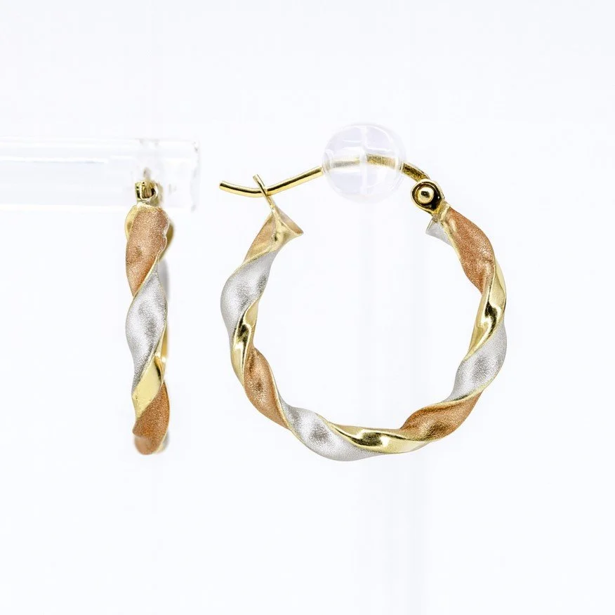 14K Tri-Color Gold Satin & High Polish Twisted Ribbon Hoop Earrings
