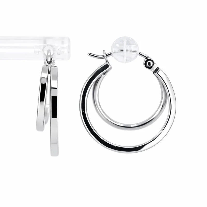 14K White Gold High Polish Double Circle Hoop Earrings