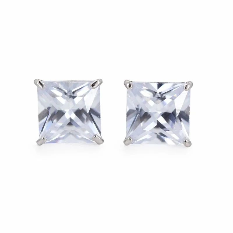 14K White Gold Princess Cut CZ Stud Screw Back Earrings