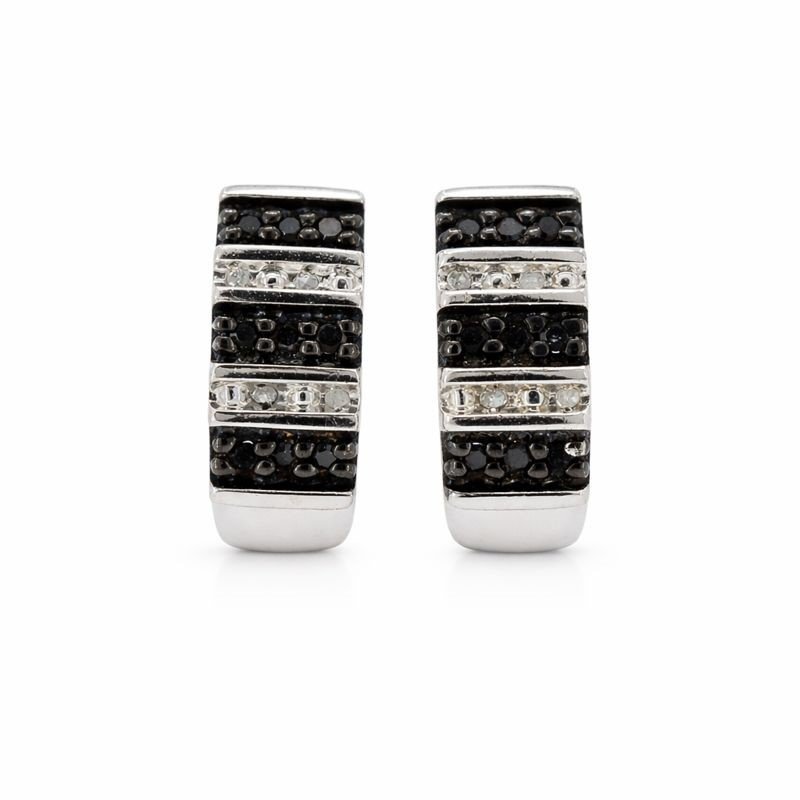 Sterling Silver Black & White Diamond Stripe J Hoop Stud Earrings