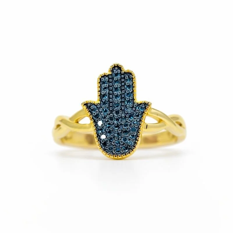 Gold Plated Blue Diamond Hamsa Ring