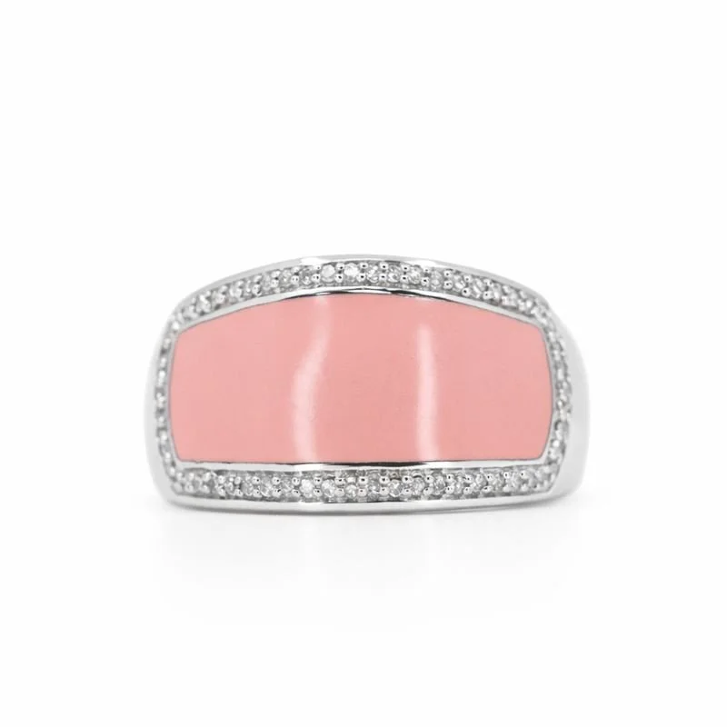 Sterling Silver Pink Enamel & Diamond Vintage Cigar Band Ring
