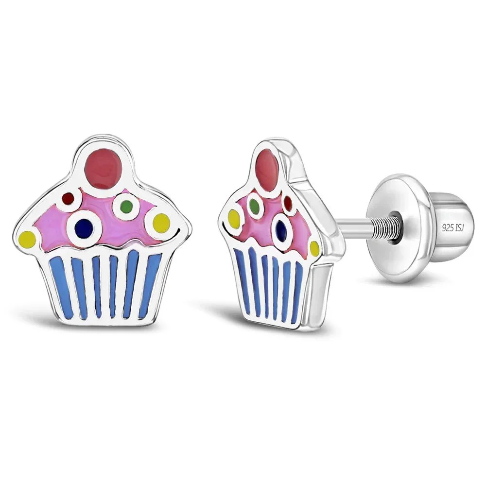 Sterling Silver Enamel Cupcake Children's Earrings