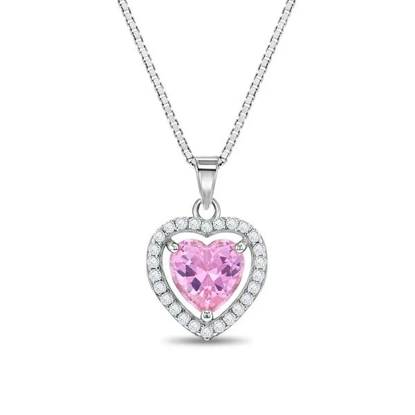 Sterling Silver Pink & White CZ Heart Children's Necklace