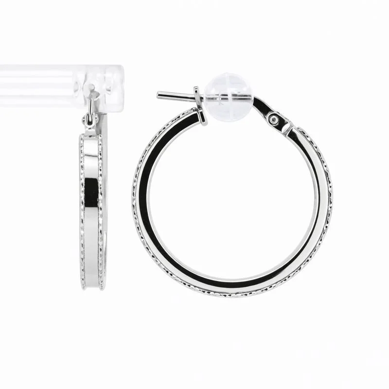 14K White Gold Diamond Cut Border Circle Hoop Earrings