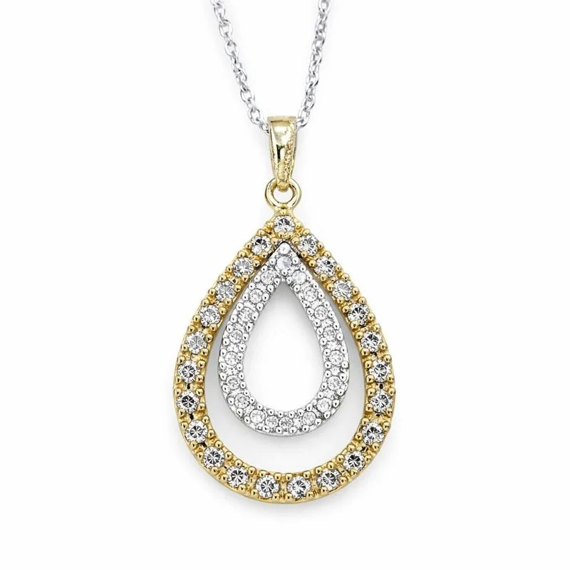 Sterling Silver & 10K Yellow Gold Chocolate & White Diamond Open Teardrop Pendant Necklace