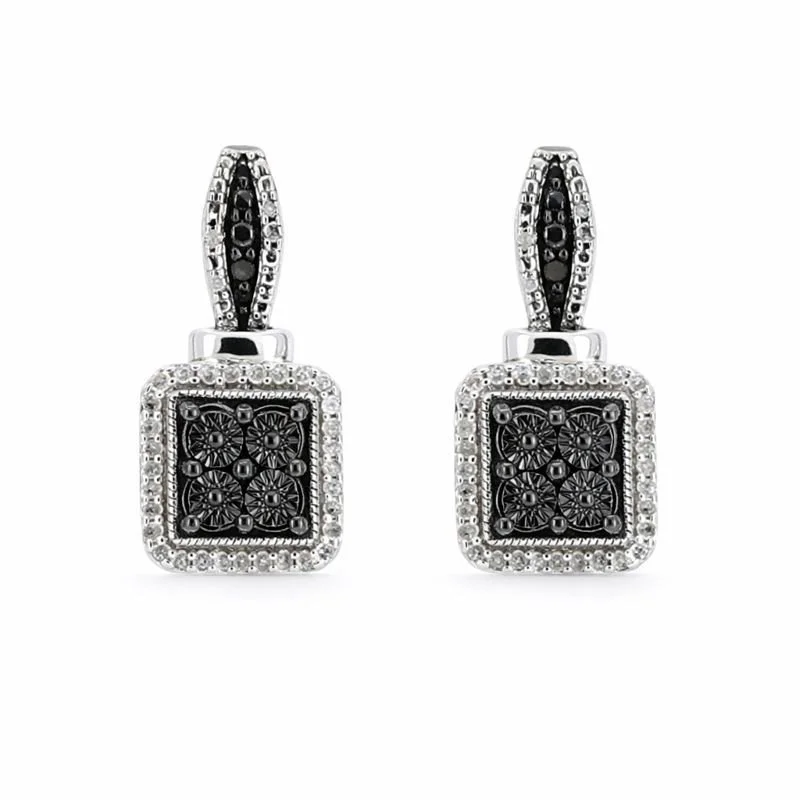 Sterling Silver Black & White Diamond Dangle Stud Earrings