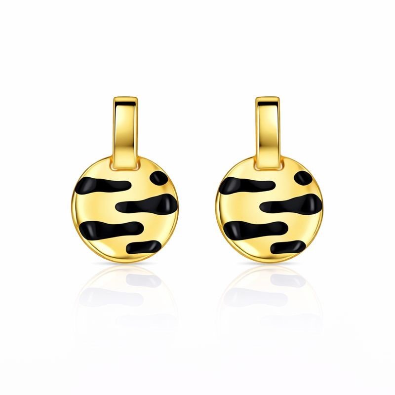14K Yellow Gold Vintage Enamel Zebra Circle Drop Stud Earrings