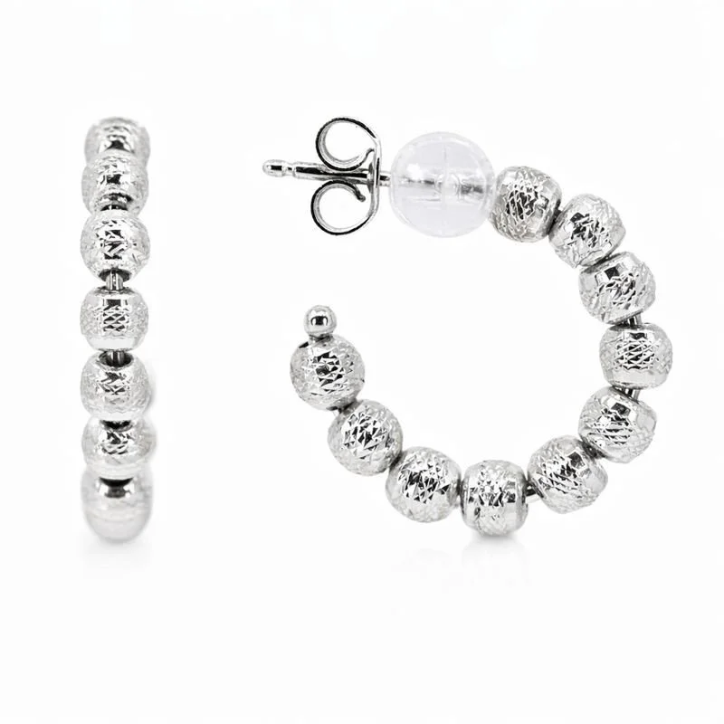 14K White Gold Moon-Cut Bead J Hoop Stud Earrings