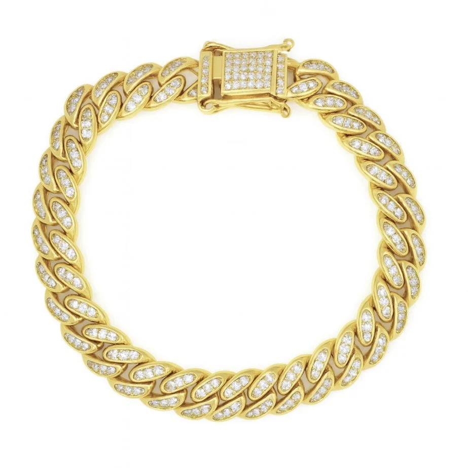 Sterling Silver 7" CZ 9mm Gold Plated Cuban Link Bracelet
