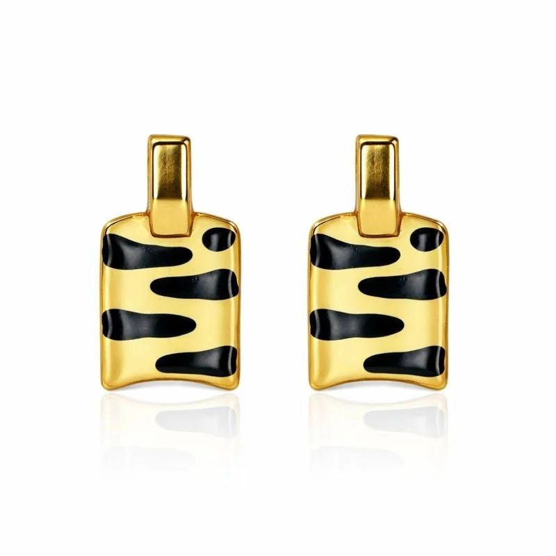 14K Yellow Gold Vintage Zebra Rectangle Drop Stud Earrings